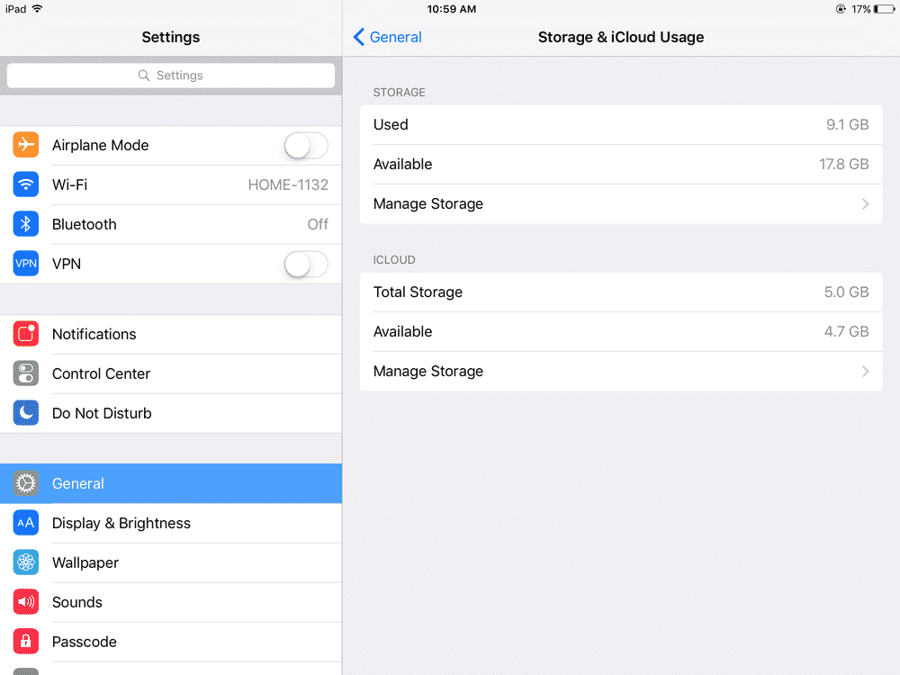 iPad settings showing amount of storage available